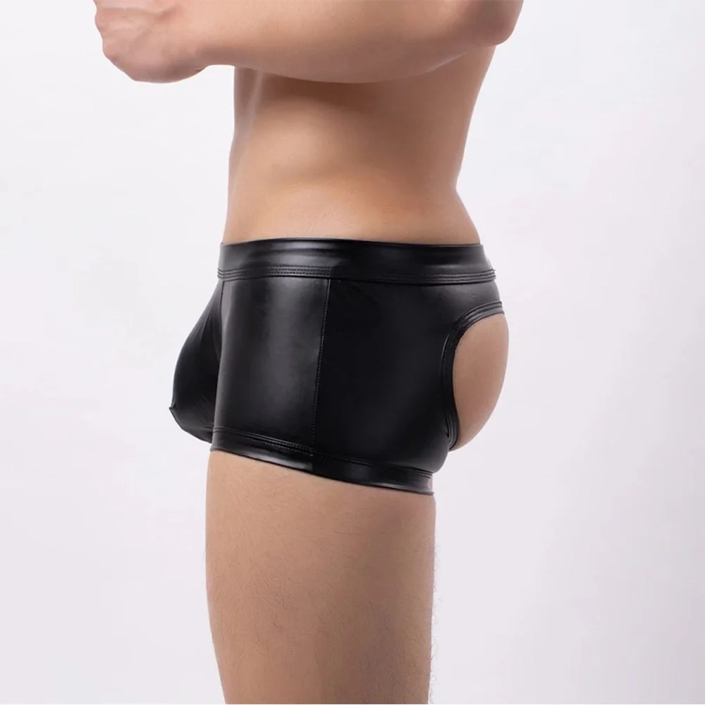 Mens Open Back Boxers Male Underwear Faux Leather Open Butt